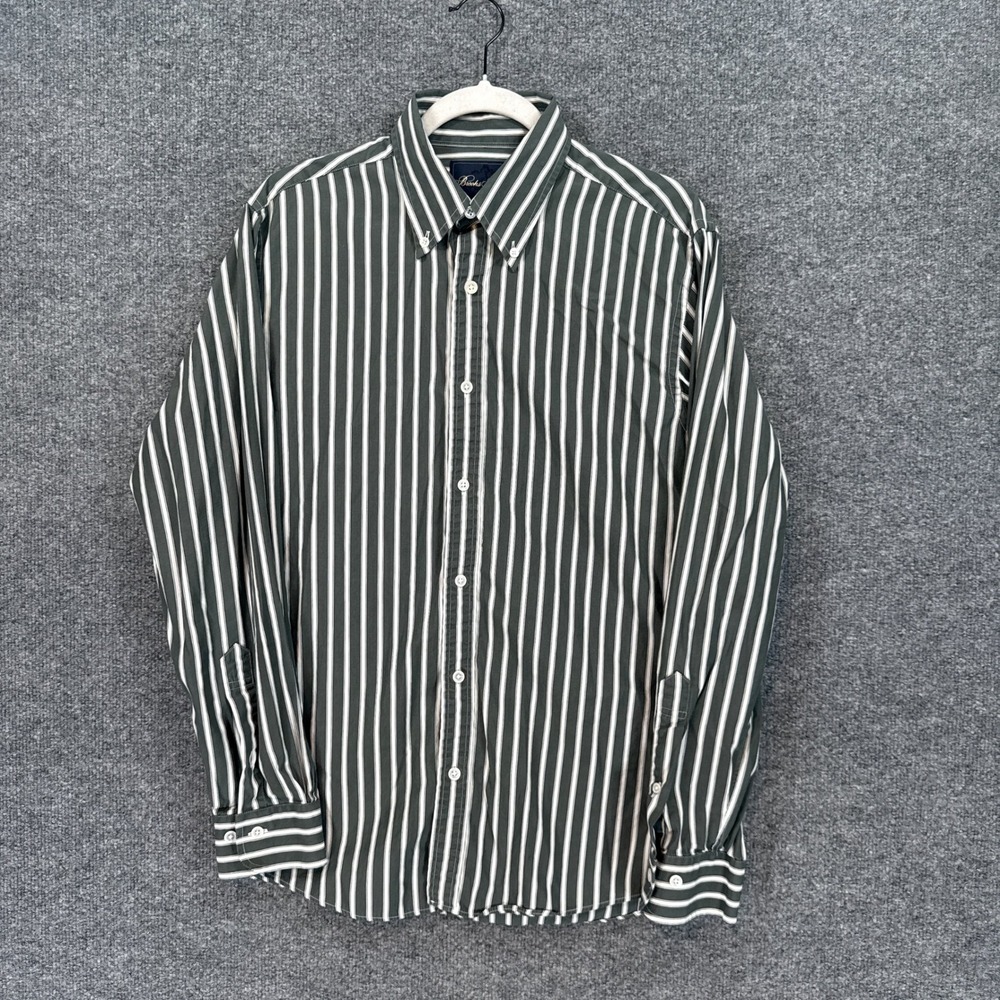 Brooks Brothers Shirt Mens Medium Green Striped Regent Fit Thomas Mason Italian